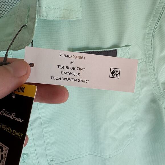 Eddie Bauer Tech Woven Shirt Mens Medium Teal Blue Short Sleeve Fishing Vented - Picture 8 of 16